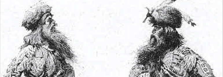 Black and white drawing of the Harpe Brothers