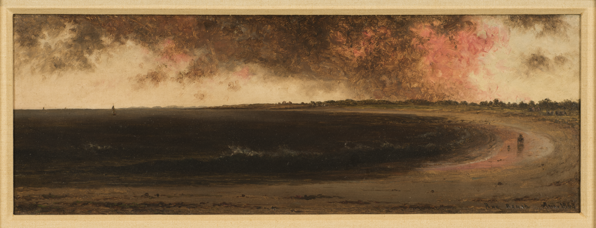 A painting of a dark curving beach, the water almost black. In the yellow sky, red and black clouds loom.