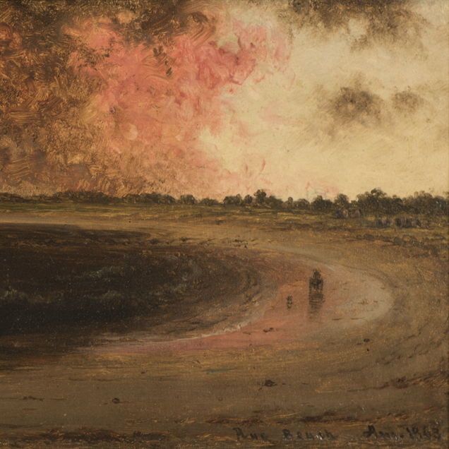 A painting of a dark curving beach, the water almost black. In the yellow sky, red and black clouds loom.